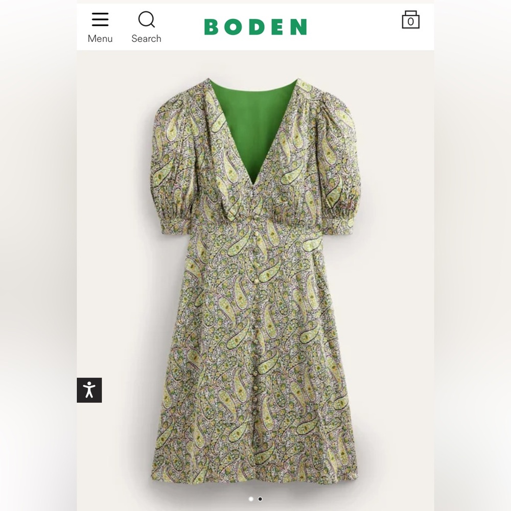 Boden Satin Tea Dress, green and pink paisley pattern. Size 6